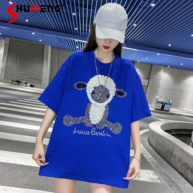 

2022 Summer New Harajuku Rhinestone Short Sleeve T-shirt Women's Spring New Loose Animal Letters Mid-Length Blue Tops for Women