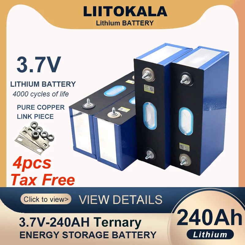 4pcs liitokala 3.7v 240Ah Ternary lithium battery Cell for 3s 12v 24v Electric vehicle Off-grid Solar Wind inverter Tax Free