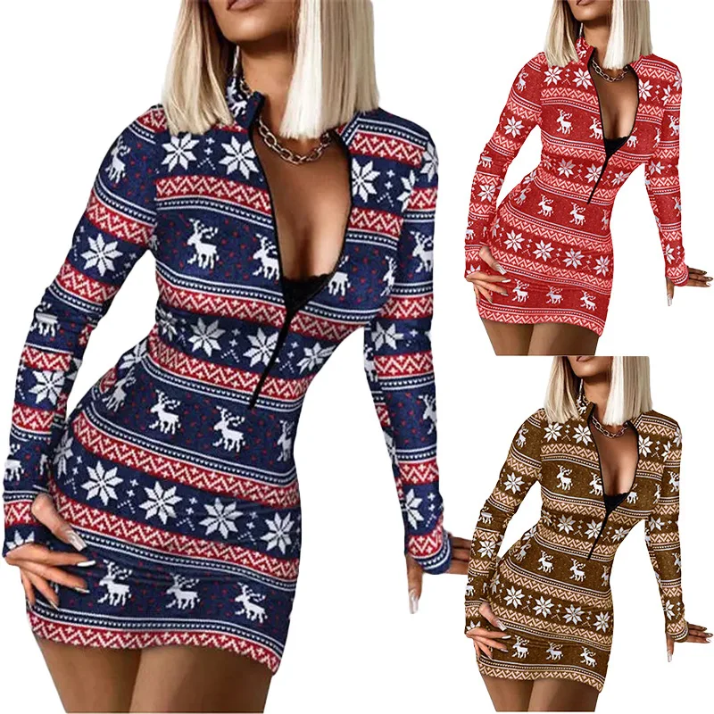 

Christmas Dress with V-Leader Zipper and long-sleeved Christmas dress