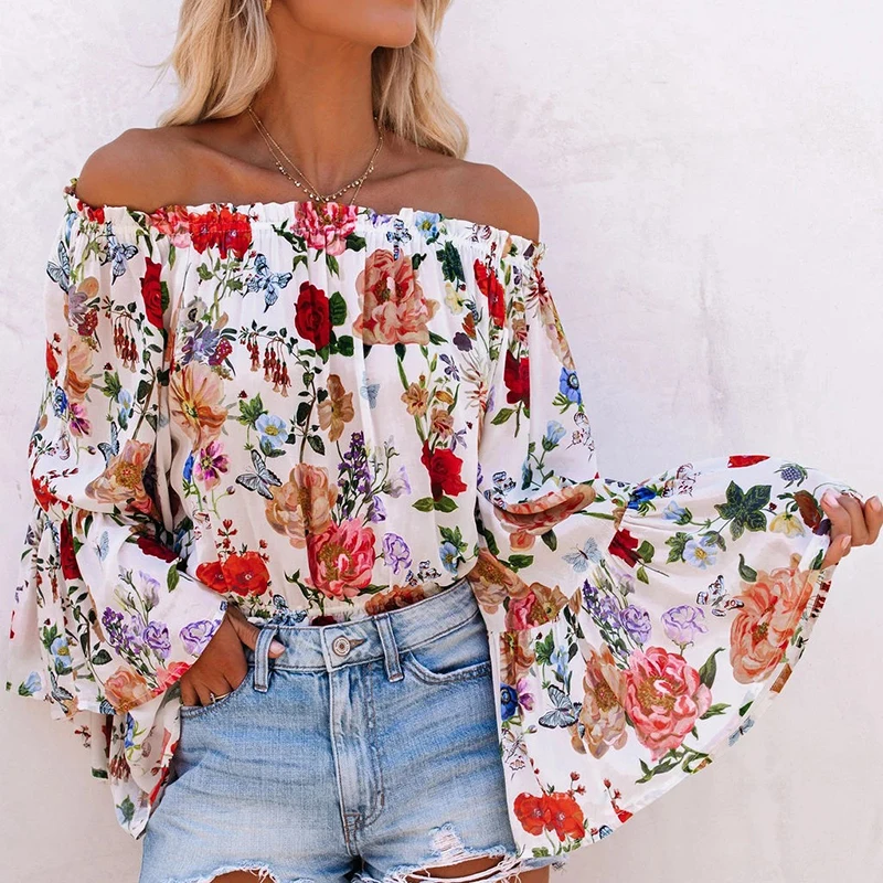 

Flare Sleeve Slash Neck Sexy Crop Tops Floral Printed Chiffon Shirts Women Fashion Slim Elegant Off Shoulder Blouse Blusas 26572