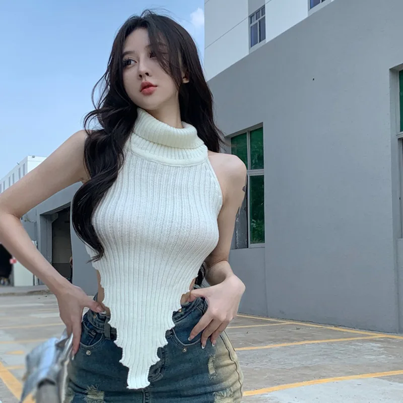 

Трикотажный топ без рукавов с высоким воротником, тонкий жилет, вязаный свитер, женская сексуальная кофта, женская одежда, весна, лето, Осень