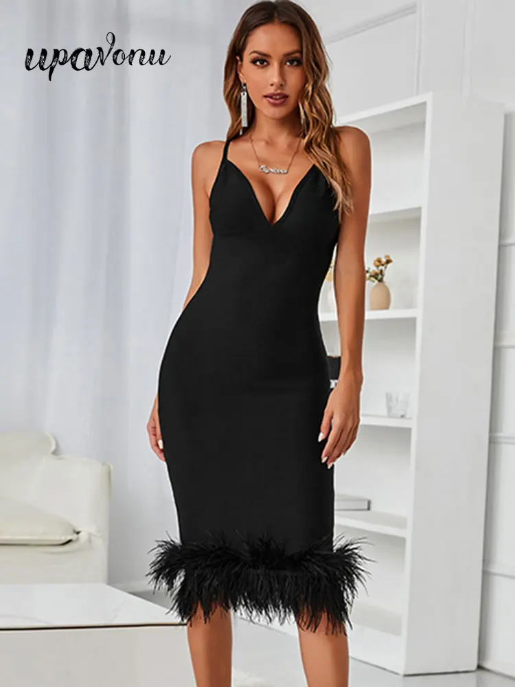 

Women Summer Dresses 2022 New Sexy Sling V-Neck Sleeveless Bodycon Feather Design Bandage Dress Fashion Evening Party Vestidos