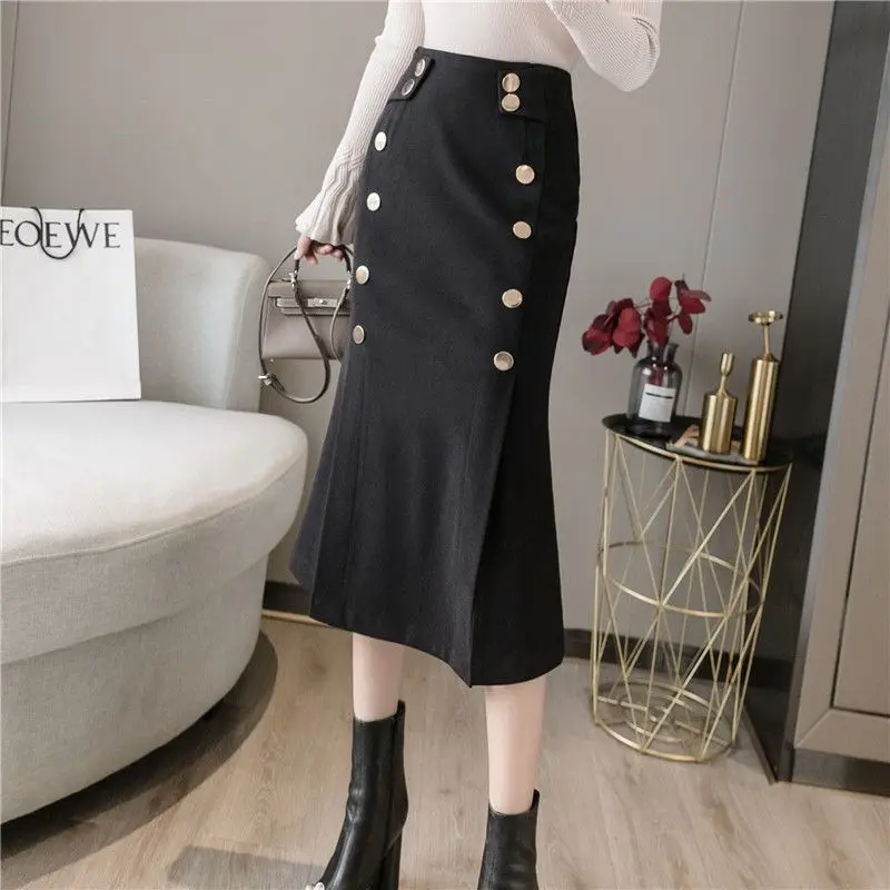 

Winter Warm Hip Skirt Women Autumn Elegant Long High-End Slit Double Breasted Flared Fishtail Skirt Women