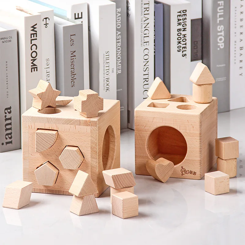 

Montessori Wooden Children's Gift Log Painted Primary Shape With Puzzle Box Geometric Shape Building Blocks Educational Toys
