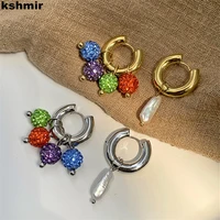 kshmir color crystal ball natural baroque pearl hoop earrings womens high quality touch earrings jewelry accessories gift