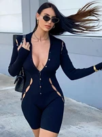 hollow out bodycon playsuit women sexy solid color long sleeve buttons v neck slim romper fashion casual female outfits 2022 new