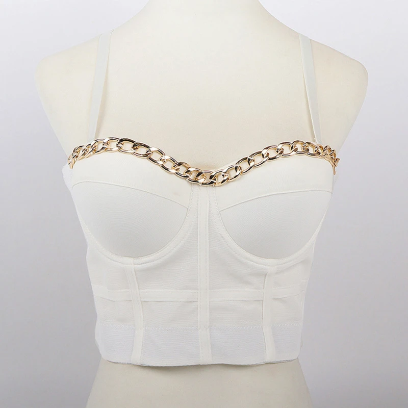 

Metal Chain Design Smooth Push Up Tube Bra Outer Wear Bra Binder Wrapped Rim Simple Chic Women's Corsets Top Sling Lingerie Tank