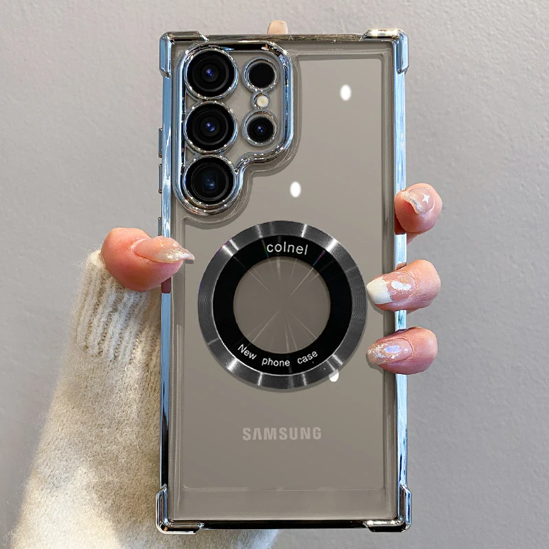 כיסוי מגנטי עם ציפוי מפואר לטעינה אלחוטית עבור Samsung S25 S24 Ultra S23 FE S22 Plus S21 Note 20 כיסוי הגנה על העדשה ברורה