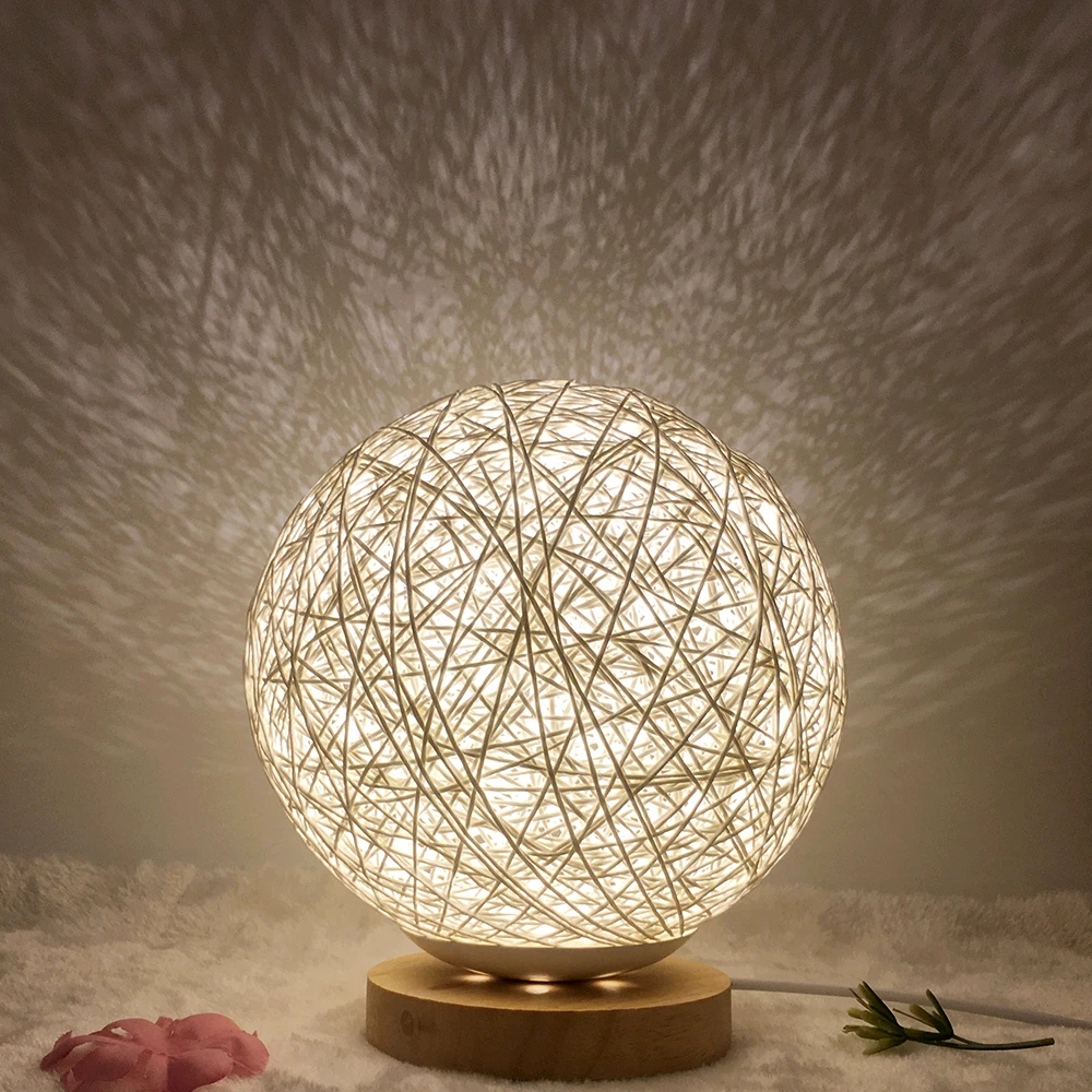

Wood Desktop Ball Light Dimmable Linen Ball Rattan Lampshade USB Bedroom Bedside Night Light Home Decor LED Moon Table Lamp