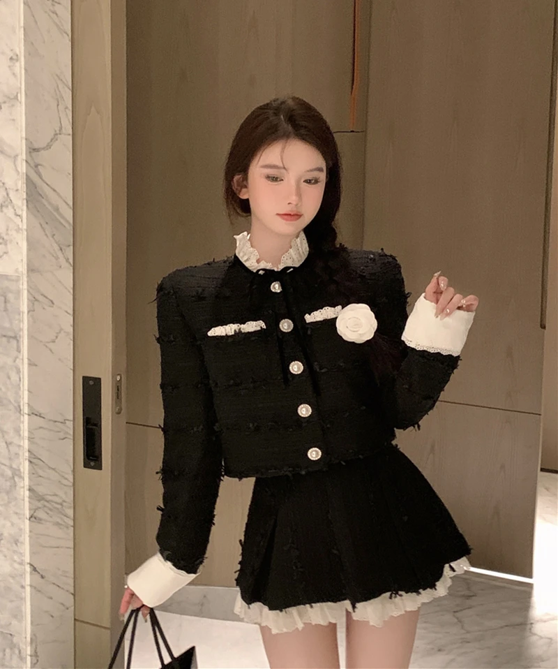 

Женский твидовый комплект из 2 предметов, комплект из короткого черного шерстяного пальто и короткой плиссированной юбки с высокой талией, 2023