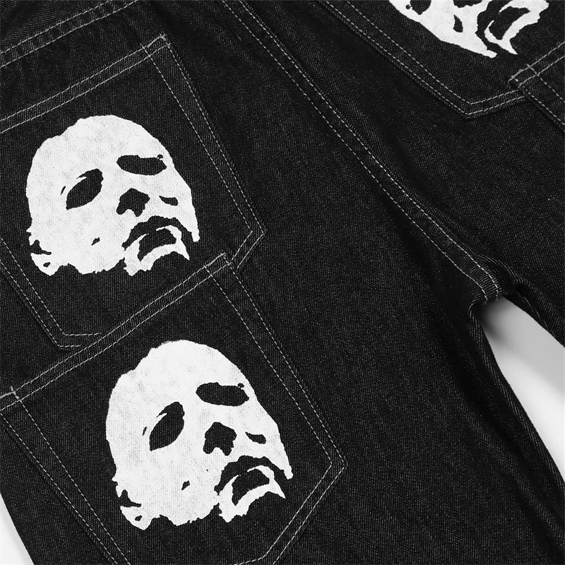 2022 Gothic Jeans Men Hip Hop Streetwear Bat Mask Printed Punk Denim Pants Fashion Casual Baggy Pants Straight Trousers Black