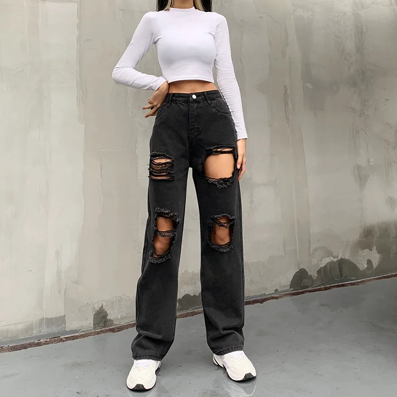 

Black Ripped Straight Leg Pants Popular Mom Boyfriend Causal Baggy Pants Cargo Pants Women Jeans Woman High Waist Stretch Jeans