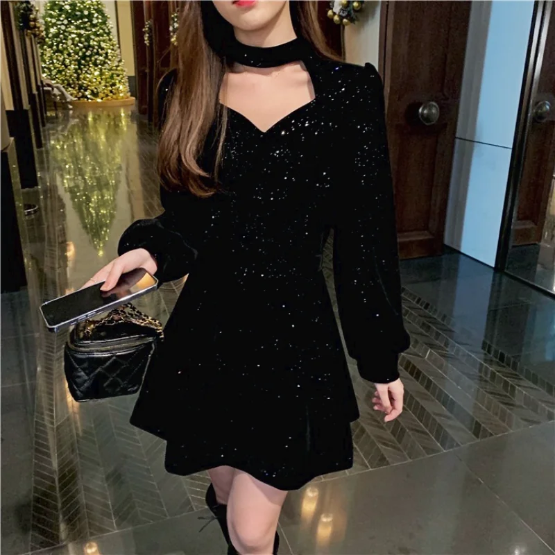 

Long Sleeve Evening Party Dress Women Design Velvet One Piece Dress Korean 2022 Spring Black Y2k Mini Dress Office Lady Bandage