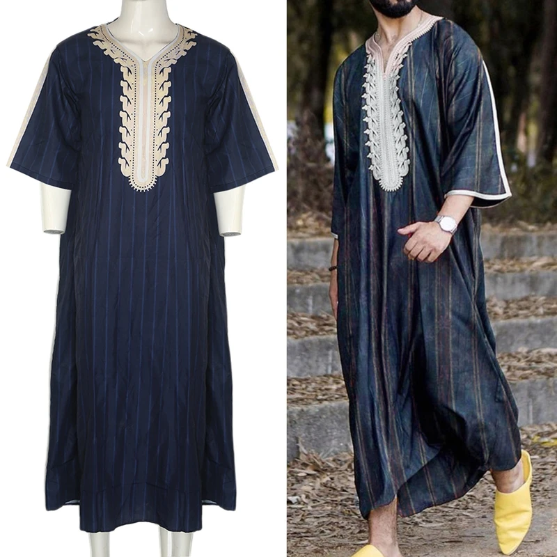 Vintage Printed Muslim Caftan Robes Men Long Sleeve Turn-Down Collar Jubba Thobe Man Leisure Dress Islamic Clothing T8NB