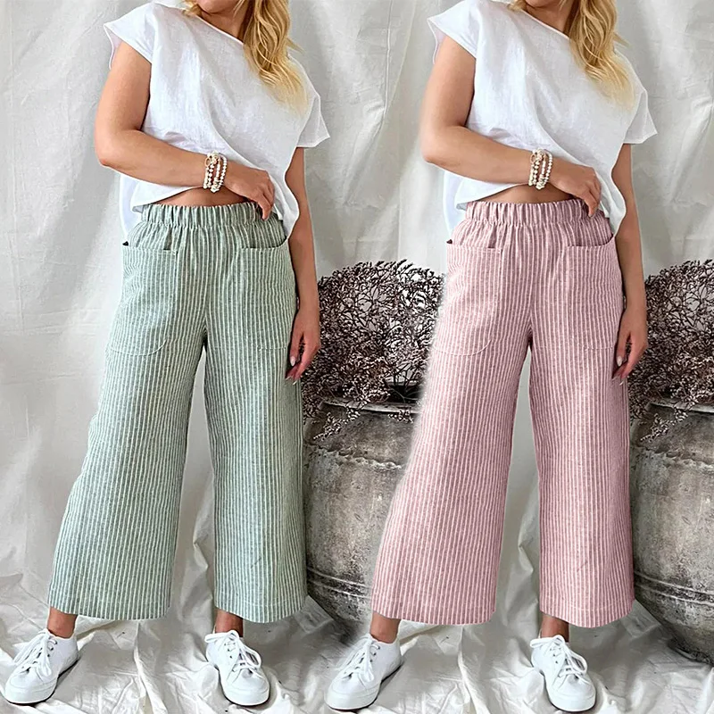 Women Loose Cotton Linen Elastic Waist Pocket Wide Leg Trousers Long Pants Striped Pant New Casual Fashion Straight S-2XL