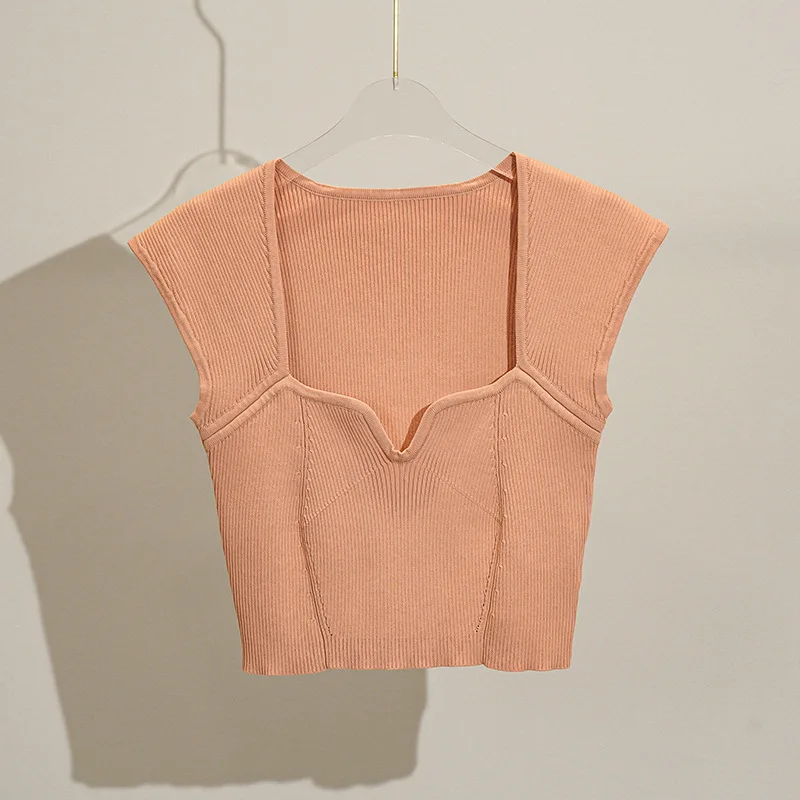 

Элегантная женская короткая футболка из вискозы с V-образным вырезом без рукавов 2023 верблюжьи привлекательные облегающие летние футболки