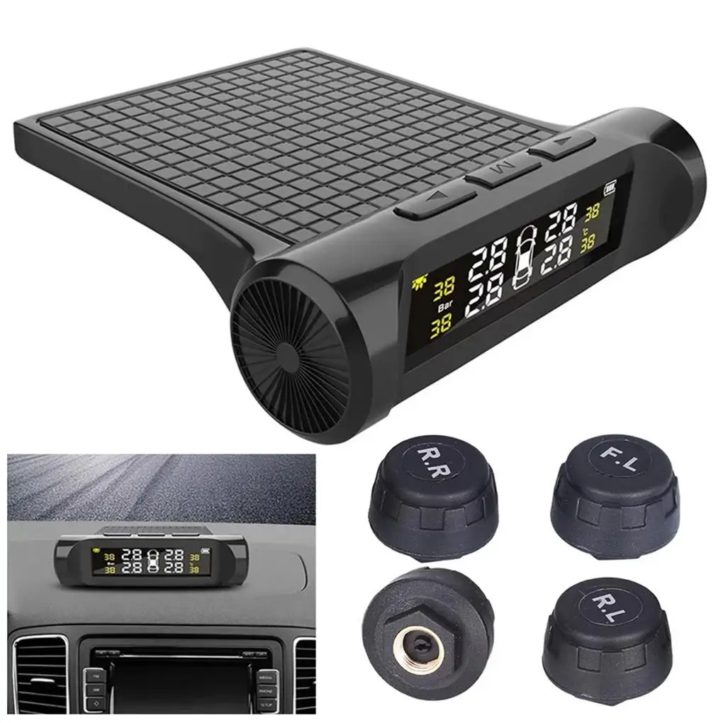 

Solar TPMS Tyre Pressure Systems Wireless Tire Monitors with Temperature Display Smart Warning 4 Sensors for Vehicle
