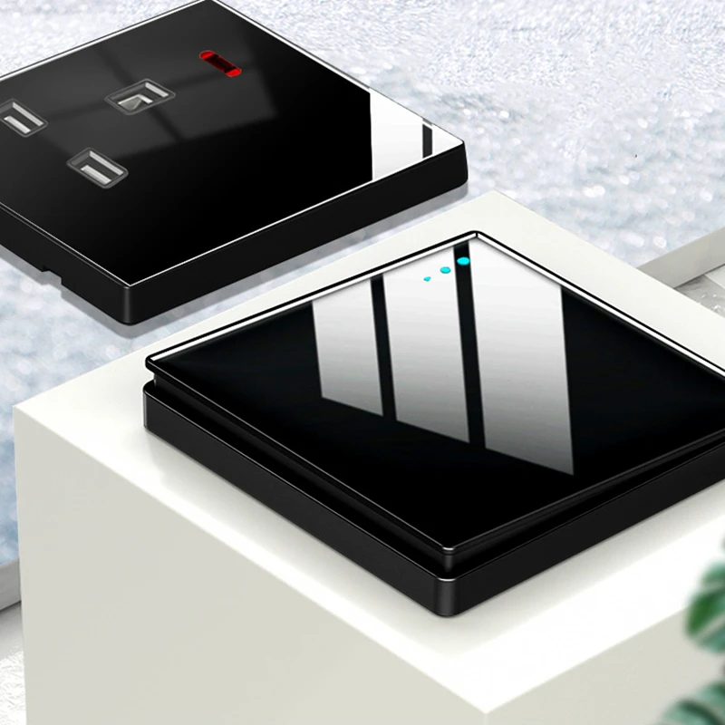 

New British Standard UK Black 1/2/3/4Gang Wall Built-in PMMA2MM Acrylic Crystal Panel Switch USB Weak Current Socket Combination