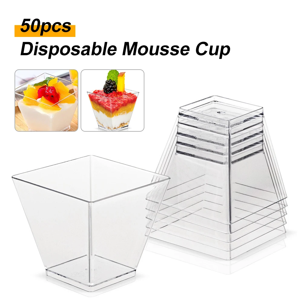 

50pcs Disposable Mousse Cup Yogurt Cake Dessert Clear Plastic Cups Jelly Square Container Pastry Tools cups Dessert Cup