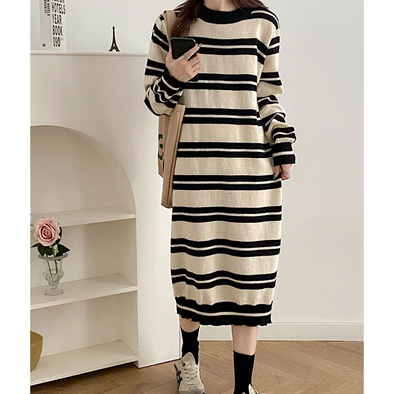 

Женское кашемировое платье в полоску, Длинное свободное трикотажное платье в Корейском стиле с круглым вырезом, модель Y2k на осень и зиму, 2022