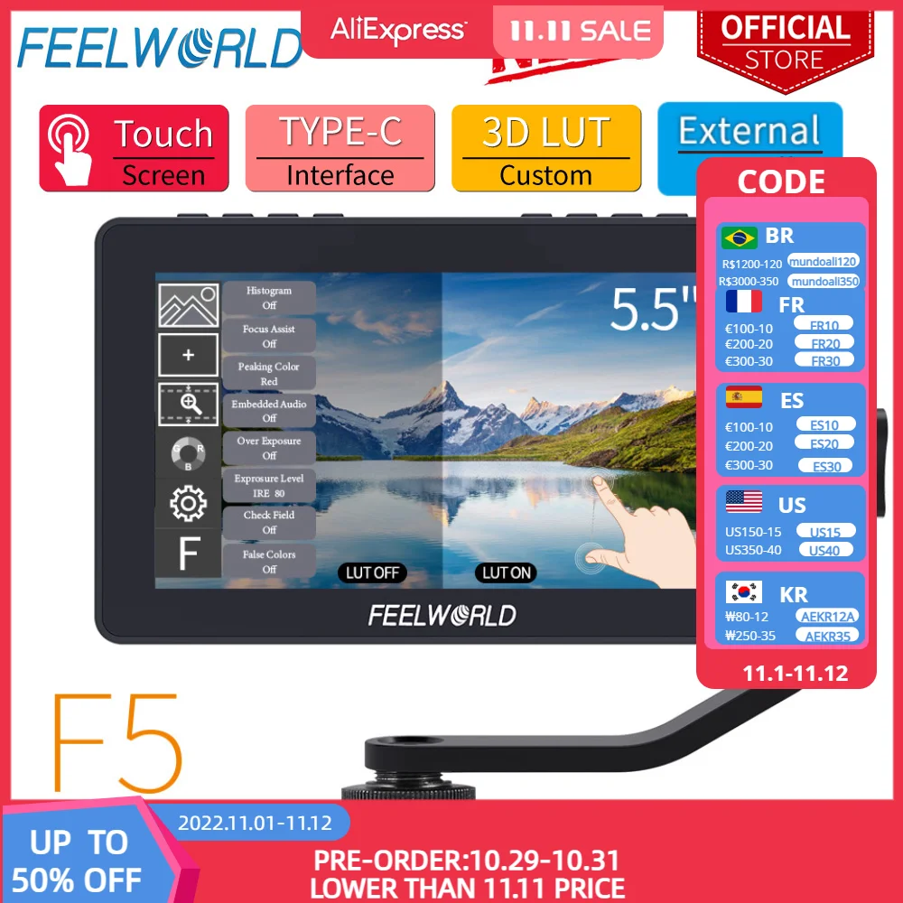 Cena FEELWORLD F5 Pro V2 5.5 Cal Na Lustrzanka Cyfrowa Monitor Zewnętrzny Ekran Dotykowy 3D LUT FHD1920 1080 4K HDMI Wideo Fokus Assist Dla Gimbal