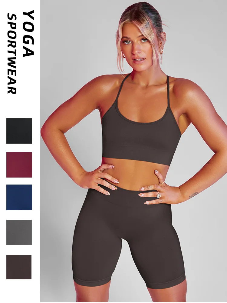 

2022 New Women Seamless Yoga Set Sports Bra High Waist Yoga Shorts Solid Color Sportswear Suit Lady Workout Running Suit