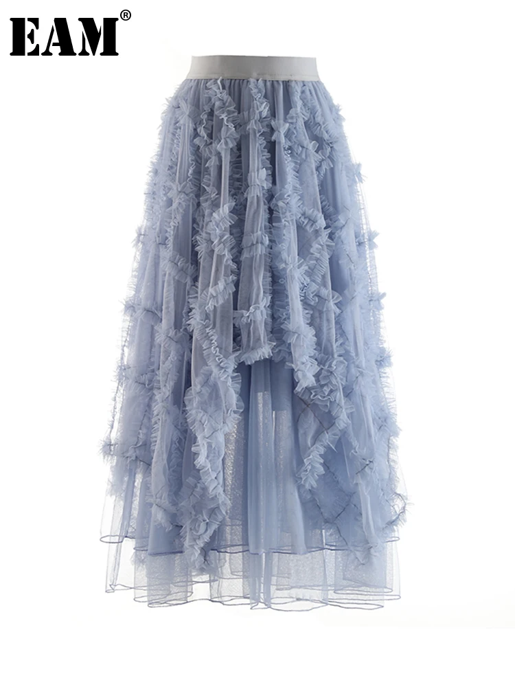 

[EAM] High Elastic Waist Blue Ruffles Mesh Long Irregular Half-body Skirt Women Fashion Tide New Spring Autumn 2023 1DF2480