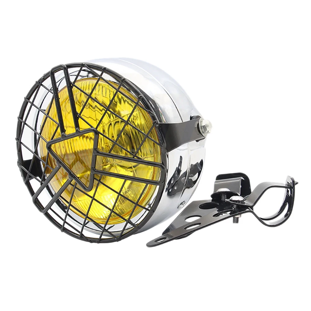 

Chrome+Yellow 6.5 Inch Retro Motorcycle Headlight Grill Side Mount Cover with Bracket Universal Mesh Grille Headlight