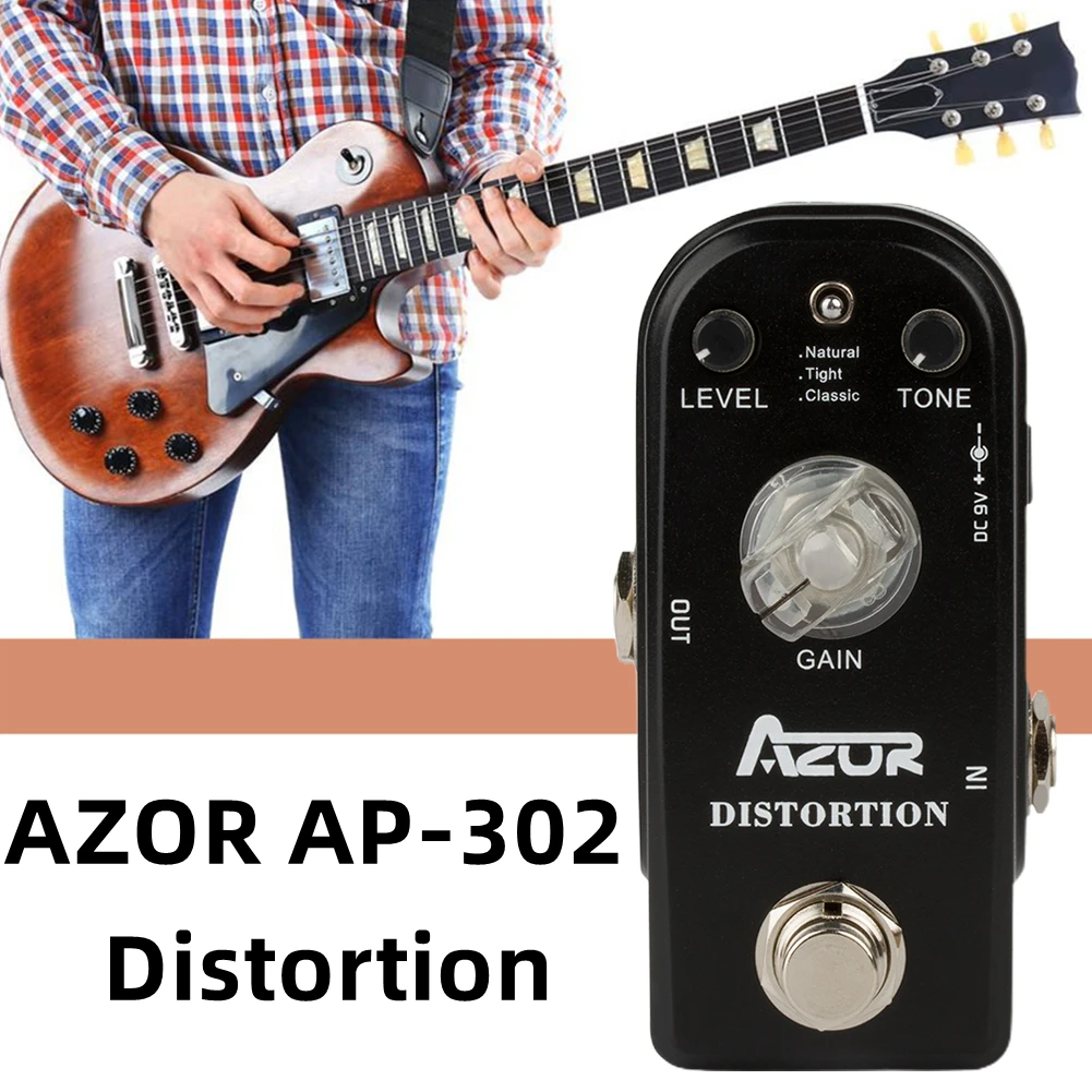 

AZOR AP-302 Distortion Mini Guitar Effect Pedal 3 Modes Metal Shell True Bypass LEVEL/DRIVE/TONE/LOMID 4 Functional Knobs Parts