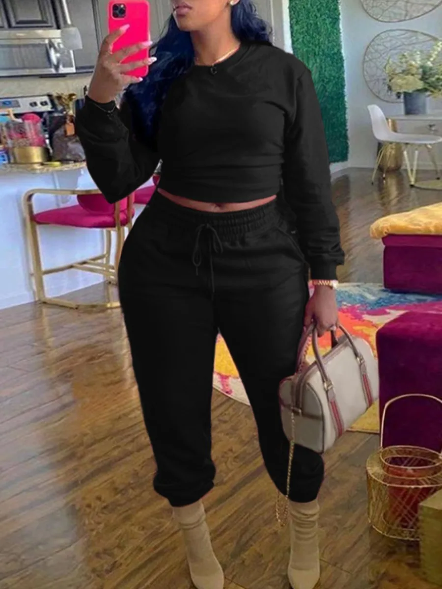 LW Plus Size Basic 2PC Autumn Winter Round Neck Drawstring Pants Set Long Sleeve O Neck Top+Drawstring Trousers Matching Outfits