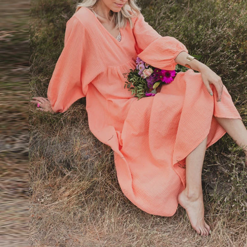 

Женское винтажное Хлопковое платье-трапеция, Элегантное Длинное однотонное платье с рукавами-фонариками, повседневное свободное платье-пуловер с V-образным вырезом, осень