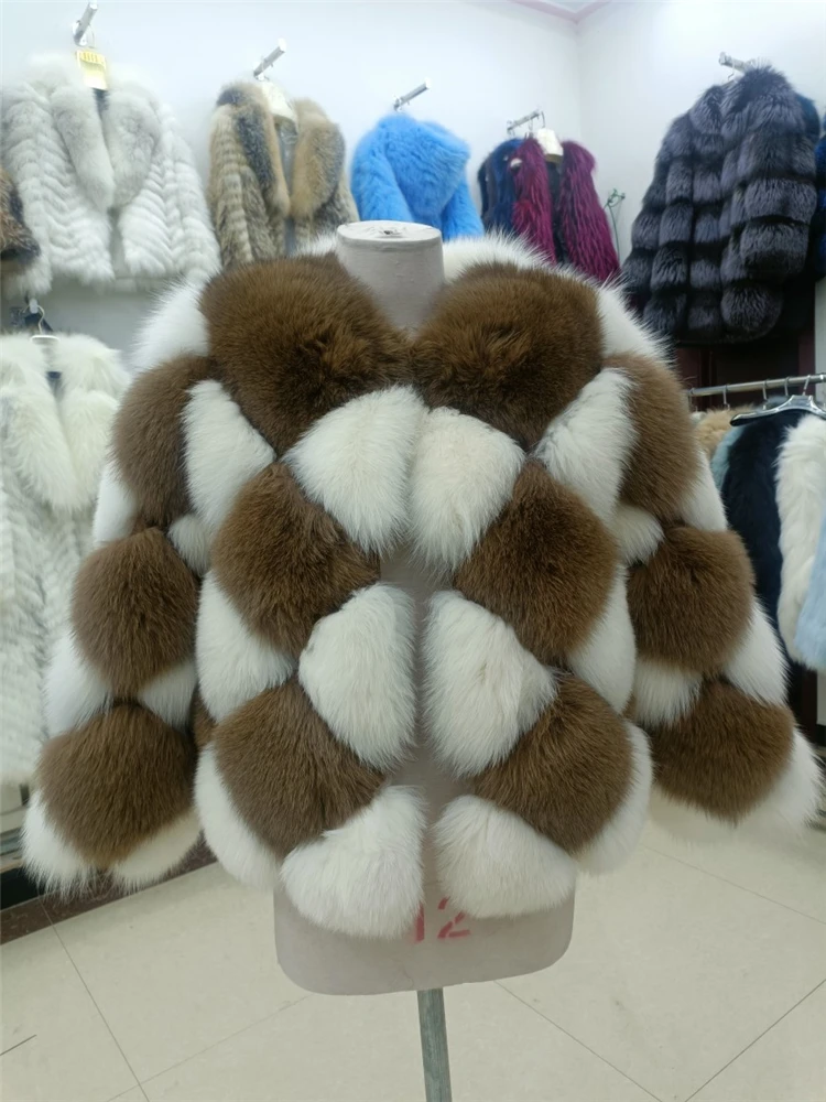 Luxury High-end Real Fox Fur Coat Wholeskin Natural Fur Jacket Checkerboard Plaid Pattern Ladies Fashion Overcoat Plush