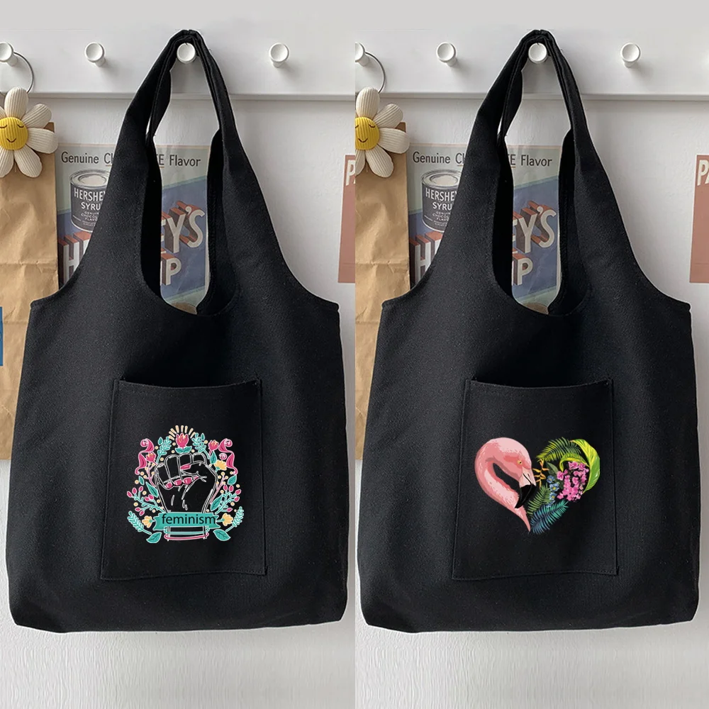 

Korean Version of The Black Shoulder Bag Woman Shopping Handbag Casual Sweet Style Pattern Printing Vest Bag Tote Bag Commuter