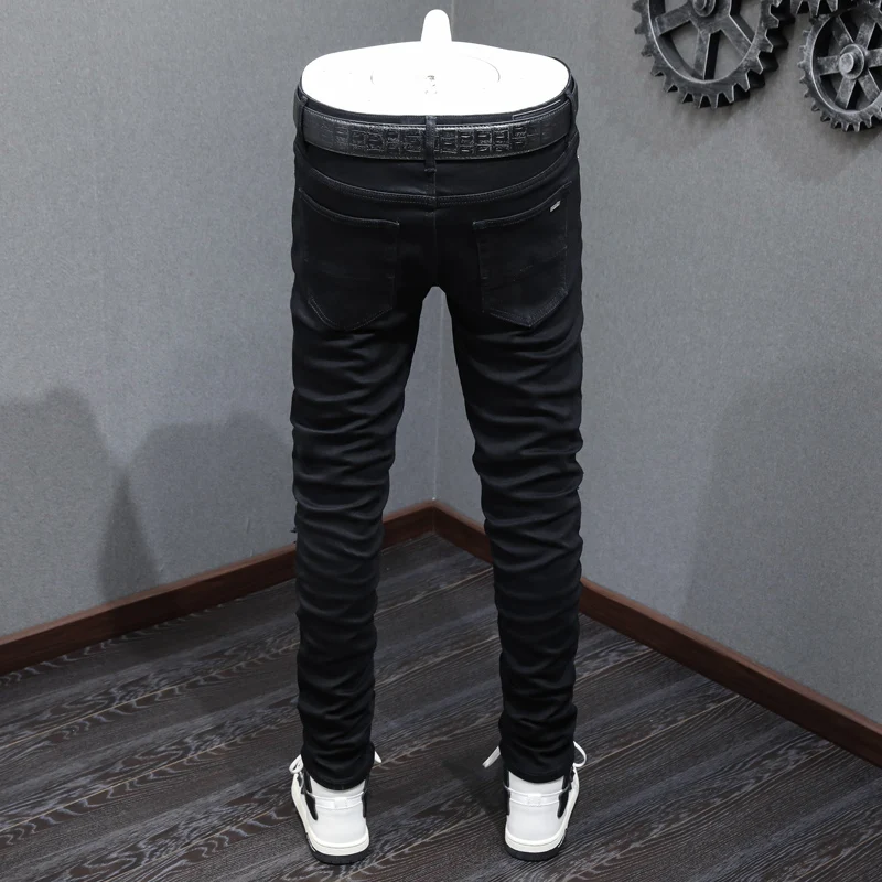 High Street Fashion Men Jeans Black Stretch Elastic Skinny Ripped Jeans Men Broken Leather Patched Designer Hip Hop Brand Pants