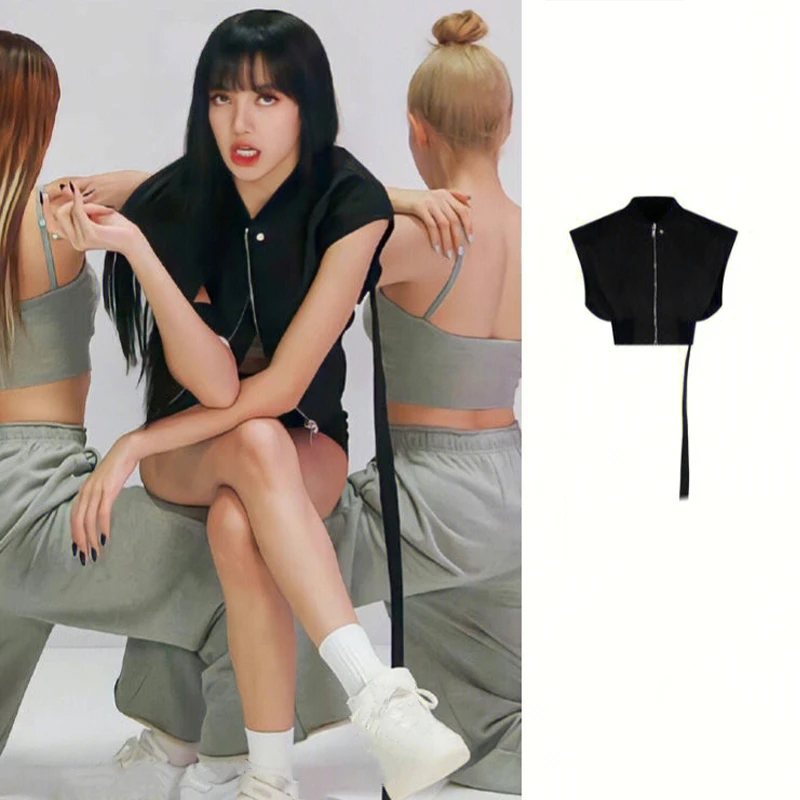 

Корейские женские танцевальные майки Kpop Лизы группы Джаз топы для ночного клуба женская уличная черная короткая майка на молнии для сцены т...
