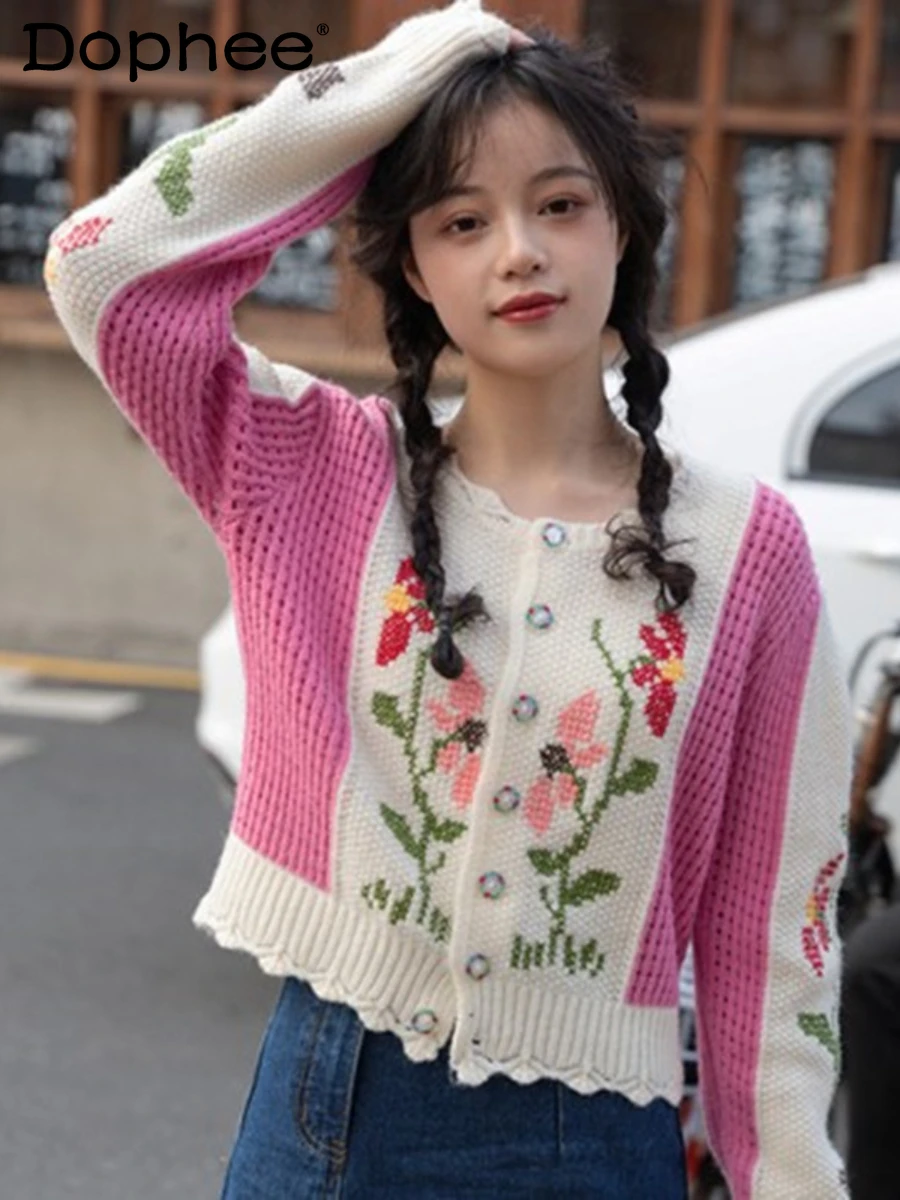 

Korean Style Sweet Embroidered Knitted Cardigan Sweater Coat for Women 2022 Fall Winter New All-Matching Short Sweater Top Girls