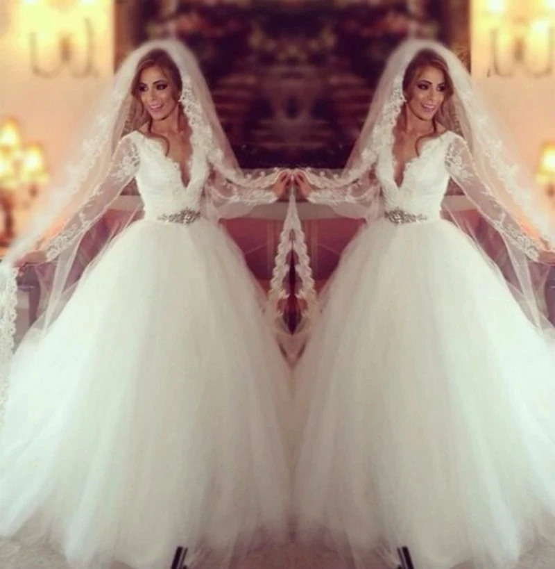 

ANGELSBRIDEP Long Sleeves Wedding Dresses Vestido De Noiva Sexy V-Neck Lace Bodice Floor-Length Formal Princess Bride Dresses