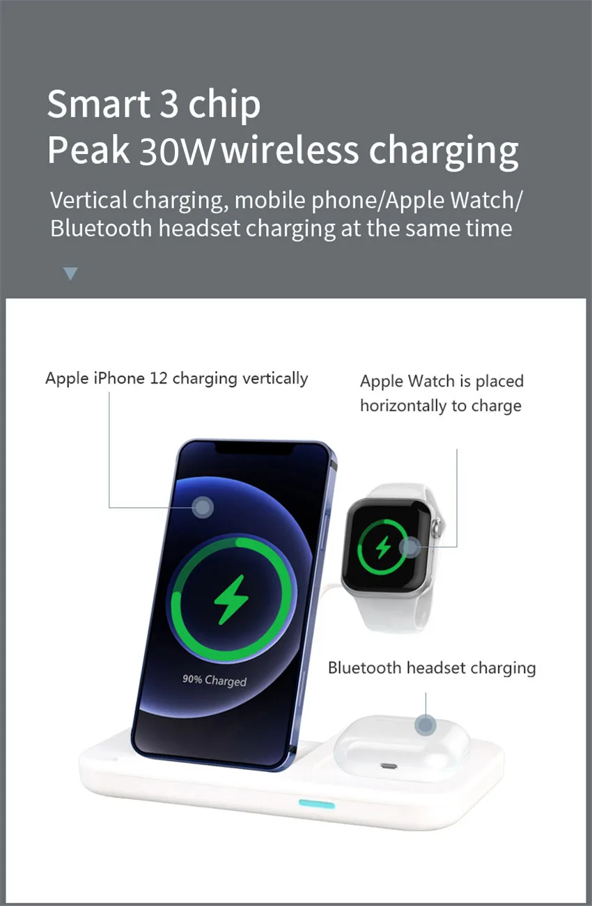 Беспроводное зарядное устройство 3 в 1 30 Вт для AirPods Pro iWatch Apple Watch 7 6 SE Qi подставка