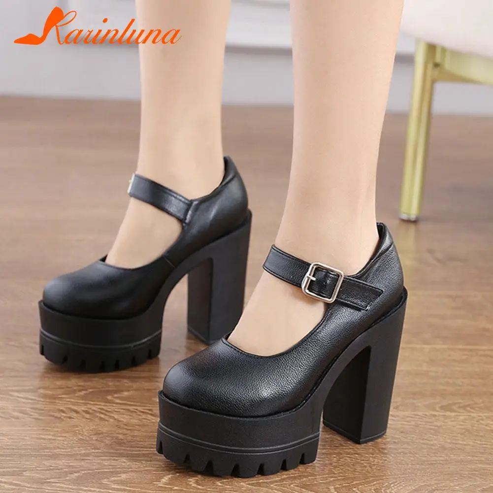 

2022 Mary Janes Pumps Black Thick High Heels Buckle Strap Platform Square Heel OL Women Pumps Concise Spring Autumn Woman Shoes