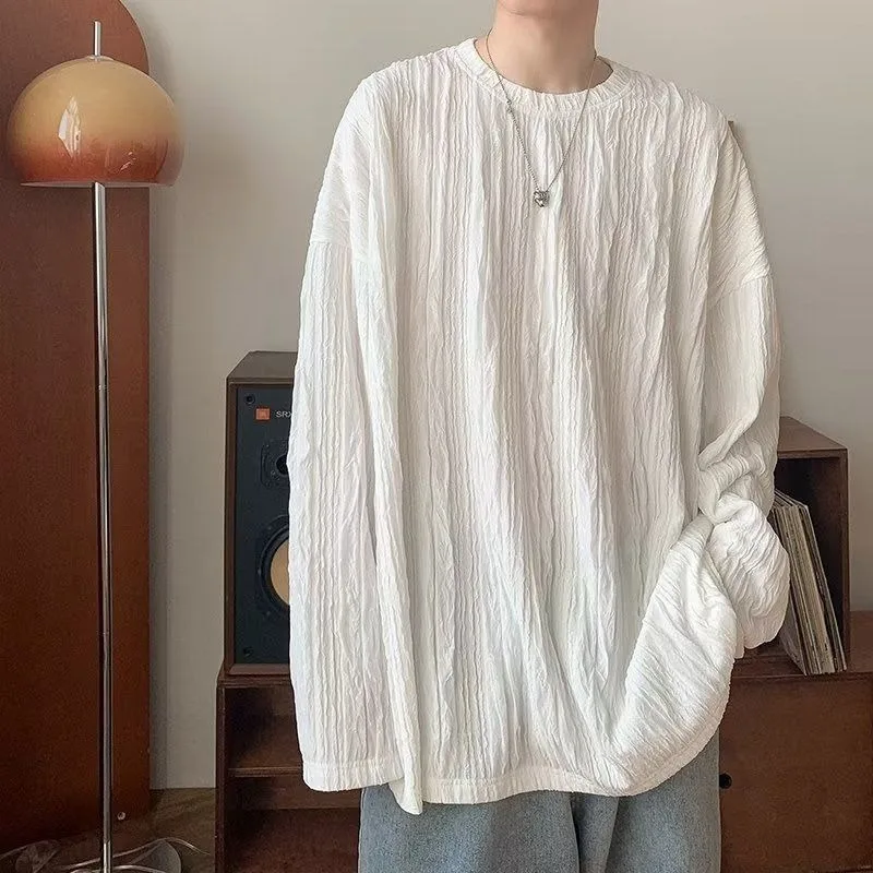 

American Premium Long Sleeve T-shirt MenAutumn Thin Round Neck Striped Sweater Fashion Brand Retro Loose Versatile Underlay Top