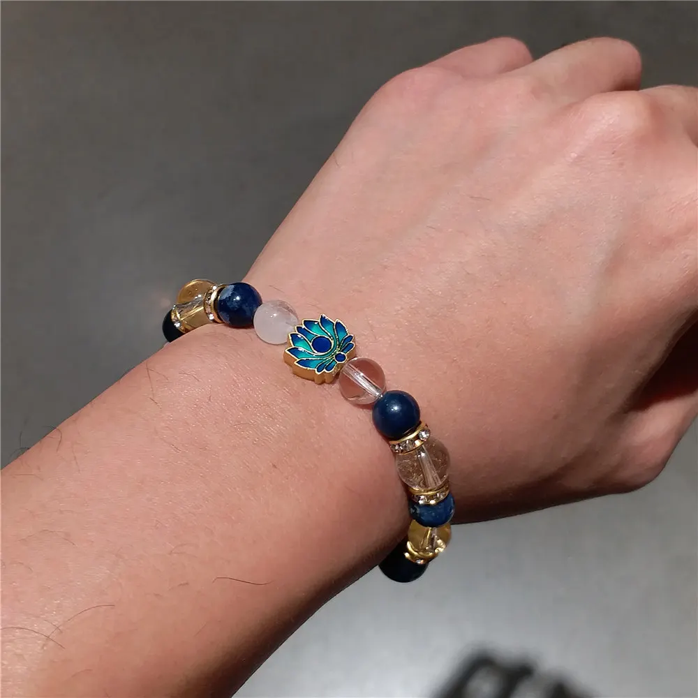 

Lotus Buddhism Crystal Natural Energy Stone Sodalite Beaded Bracelet for Women Men Blue Beads Stretch Yoga Healing Jewelry
