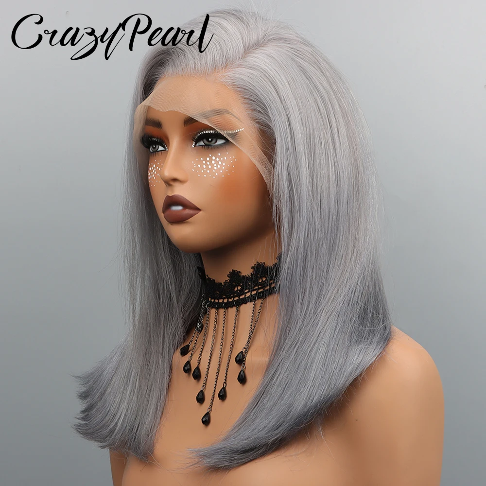Фото Серый парик CrazyPearl из натуральных волос, прямой, с фронтальной шнуровкой 13x4, предварительно прорезанный, 10 дюймов, короткий парик из натуральных волос №3