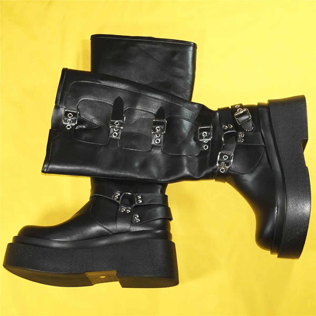 Black Chunky Platform Pumps Shoes Women Pull On Wedges High Heel Knee High Boots Female Round Toe Fashion Sneakers Casual Shoes