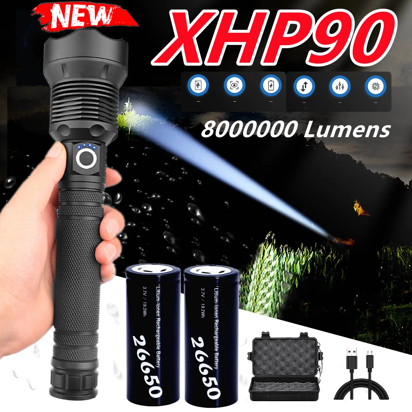

800000LM Tactical Flashlight Torch XHP90 Powerful Rechargeable flash light High Power LED Flashlights 18650 or 26650 USB Lantern