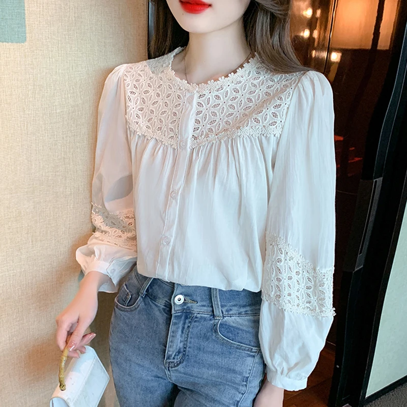 

2023 Fashion Hollow Out Crochet Shirt Long Sleeve Elegant Lace Blouse Autumn Korean Ladies O Neck Loose Panel Women Top 29516