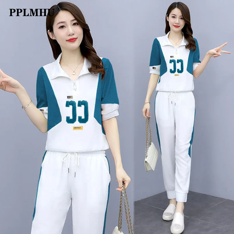 

Fashion Letter Tracksuit 2 Piece Set Women Summer Thin Casual Outfit Korean Sweatsuit Loose Short Sleeve Top + Ankle Length Pant