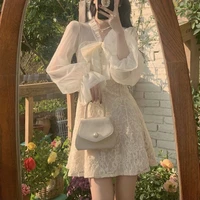french vintage fairy dress women elegant lace korean party mini dress female flare sleeve princess fall clothes for women 2021