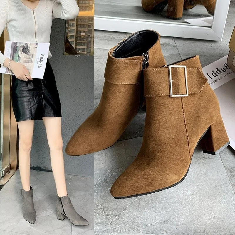 Fashion Women Boots Casual Leather High Heels Spring Autumn Shoes Woman Pointed Toe Ankle Boots Ladie Casual Shoes Zapatos Mujer