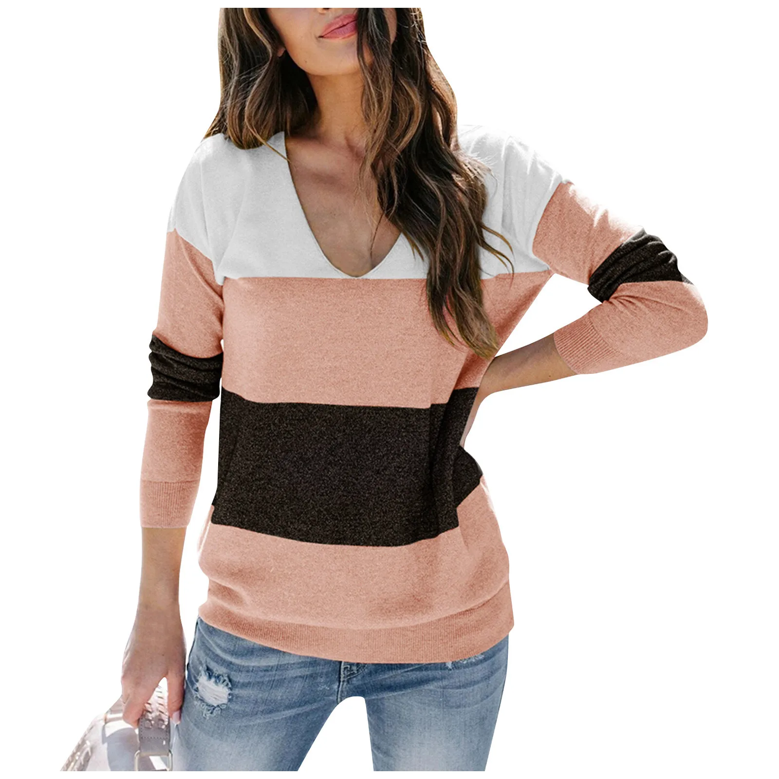 

Autumn Elegant Fashion New Chic Sweaters Women Contrasting Color Long Sleeve V Neck Long-sleeved Loose Casual Pullover