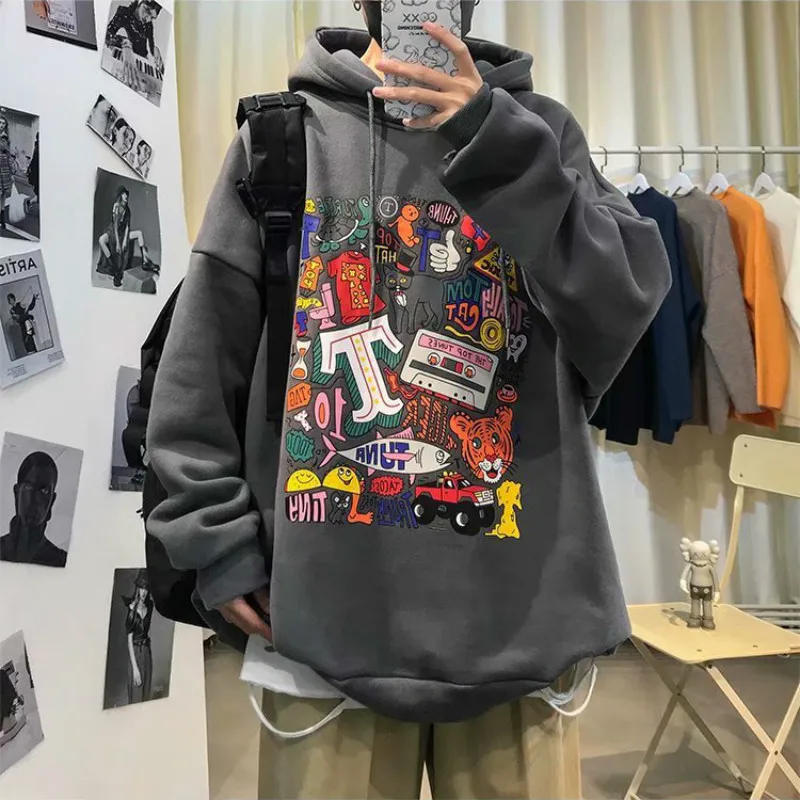 

Man Harajuku Loose Hoodies Sweatshirts Cartoon Print Plush Thickened Pullovers 2023 Ins BF CEC Trend Korean Casual Men Clothing